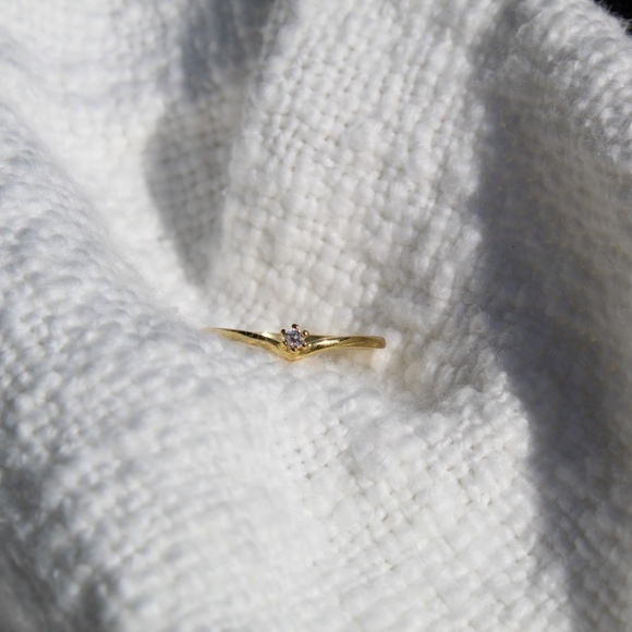 Sterling Silver "V" Shaped Stacking Gold Ring with Single Simulated Diamond - Picture 13 of 14